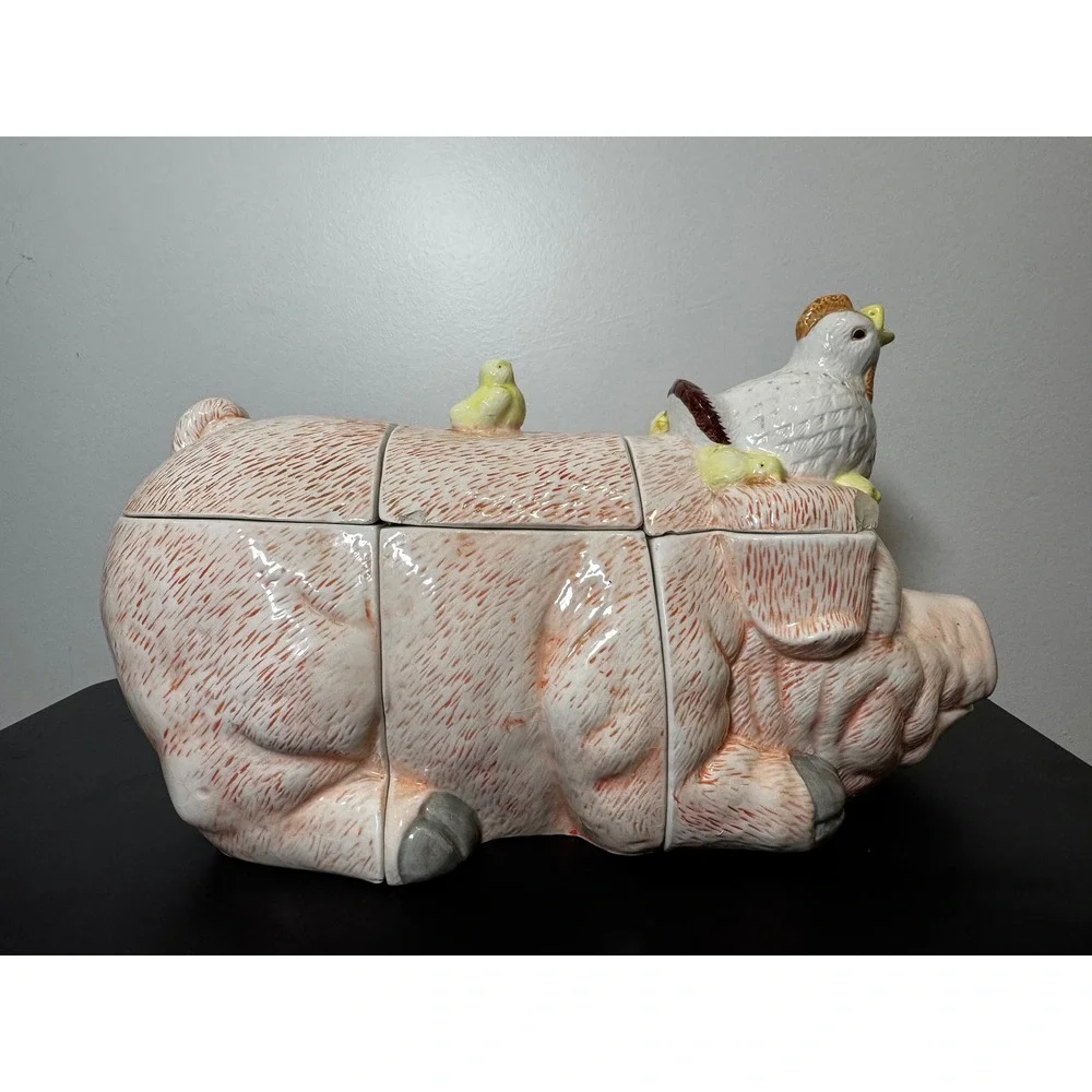 Vintage Pig Cookie Jar Oversized 3 Piece Ceramic Farmhouse Kitchen Decor Hen‎